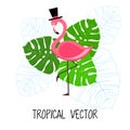 Pink Flamingo vector illustration with tropical palm leaves Royalty Free Stock Photo